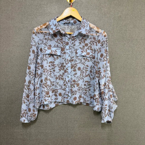 [BUNJANG] Women's Sheer Chiffon Crop Blouse Shirt - Blue (Size 55) / 여성 55 시스루 크롭 쉬폰 블라우스 셔츠 블루 BO2283