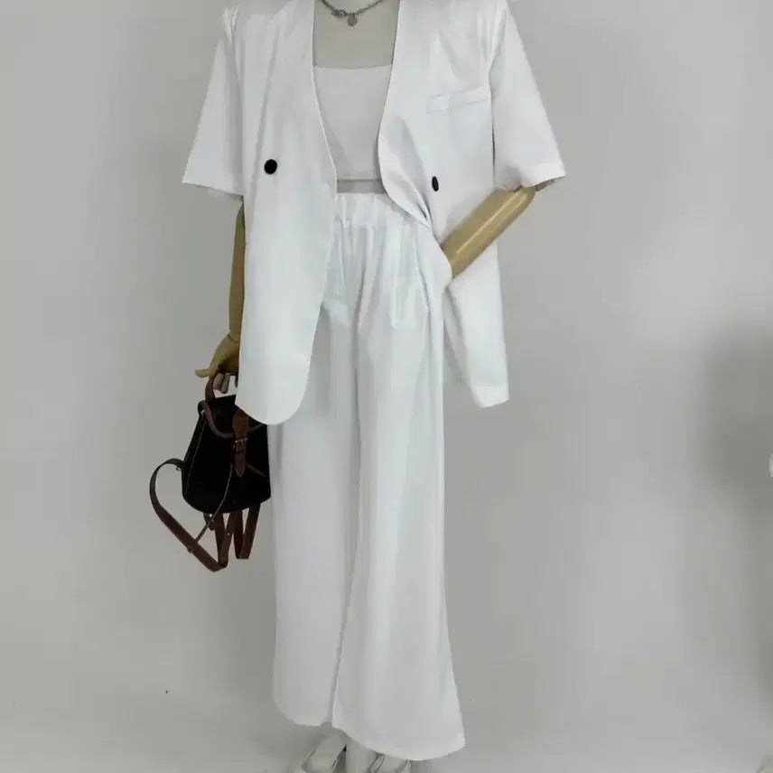 [BUNJANG] White Short Sleeve Jacket and Wide Slacks Set / 화이트 반팔 자켓 와이드 슬랙스 세트
