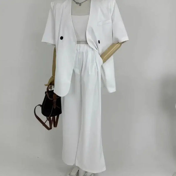 [BUNJANG] White Short Sleeve Jacket and Wide Slacks Set / 화이트 반팔 자켓 와이드 슬랙스 세트