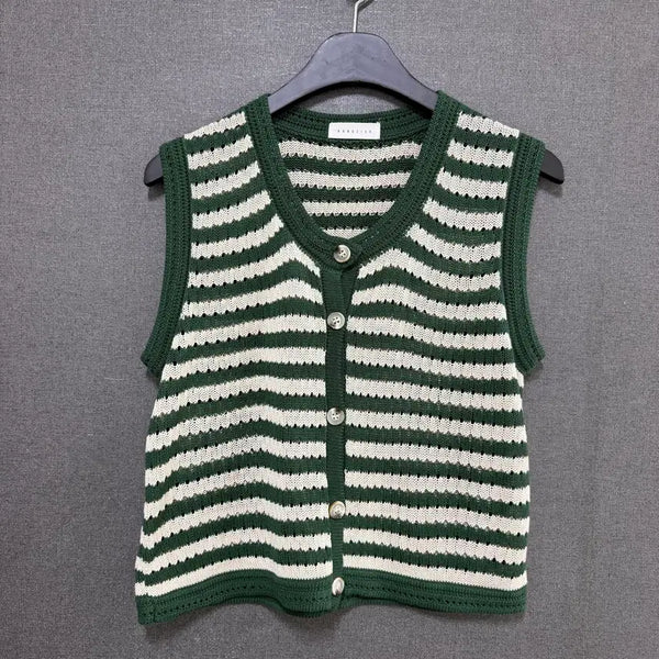 [BUNJANG] Women's Green Striped Knit Vest BO2288 / F 여성 그린 스트라이프 니트 조끼 베스트 BO2288