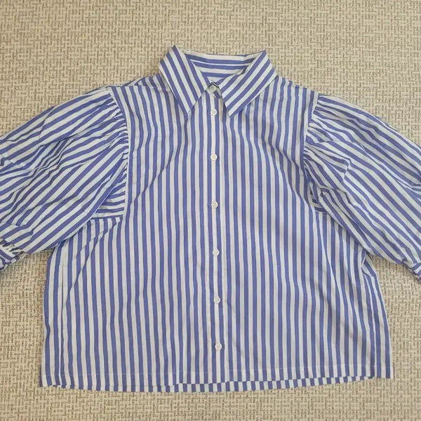 [BUNJANG] ZARA Blue Stripe Puff Blouse M / ZARA 블루 스트라이프 퍼프 블라우스 M 새상품