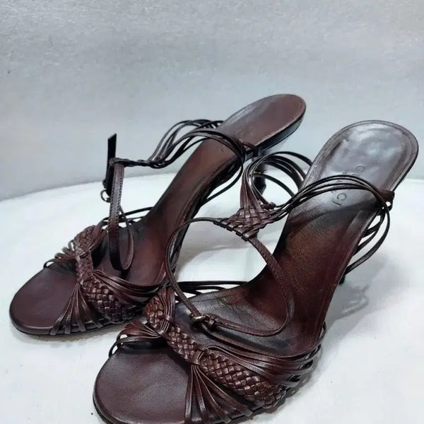[BUNJANG] Gucci Genuine Brown Leather Strap Heeled Sandals / 구찌정품스트렙오크샌들