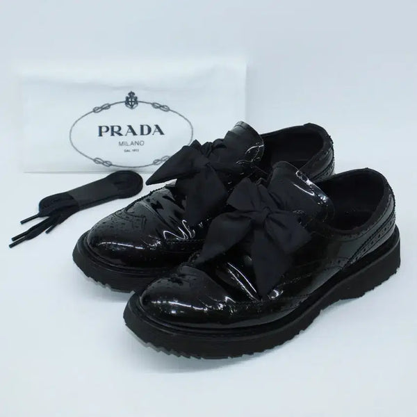 [BUNJANG] Prada Patent Black Ribbon Wingtip Creeper Shoes 36.5 / 착한가격[상태굿]프라다 페이던트 블랙 리본 윙팁 클리퍼 구두 36.5