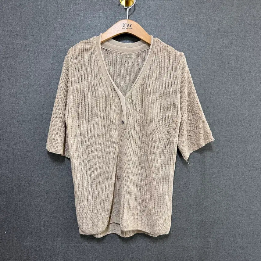 [BUNJANG] Women's V-Neck Summer Knit Short Sleeve - Beige / F 여성 브이넥 여름 니트 반팔 베이지 BO2295