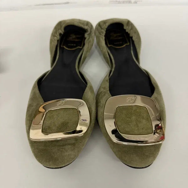 [BUNJANG] Roger Vivier Slingback Flat Shoes Khaki Suede Size 36.5 / 정품) 로저비비에 슬링백 플랫슈즈 카키 36.5
