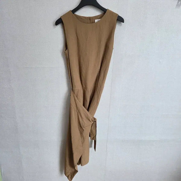 [BUNJANG] Women's Linen Sleeveless Wrap Dress Brown / 여성 린넨 민소매 랩 원피스 브라운 55-66 JJ2723