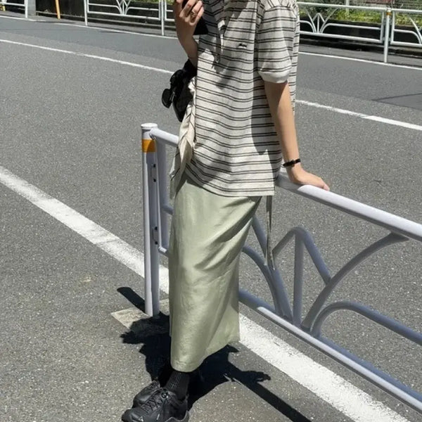 [BUNJANG] Mounide Silky Skirt + Stripe PK Shirt Set / 무니드 실키스커트+스트라이프pk셔츠 세트