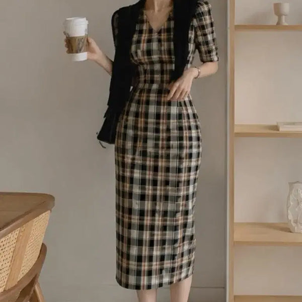 [BUNJANG] Check Pattern V-Neck Summer Long Dress / 체크 패턴 브이넥 여름 원피스 롱원피스 데이트룩 하객 여름원피스