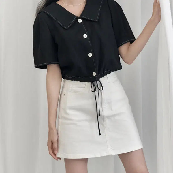 [BUNJANG] Roem Collar Cropped Short Sleeve Blouse Shirt / 로엠 카라 크롭 반팔 블라우스 셔츠