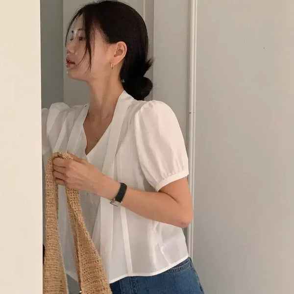 [BUNJANG] Ganaesra Weave Tie Blouse Ivory / 가내스라 위브 타이블라우스