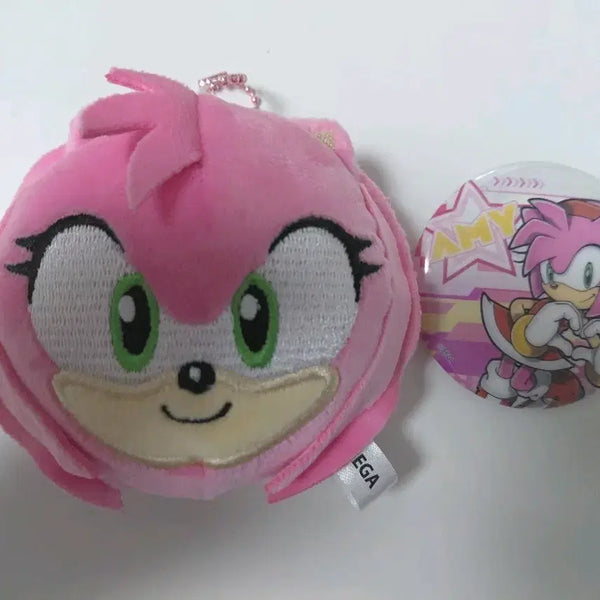 [BUNJANG] Sonic the Hedgehog Amy Rose Face Keychain + Can Badge Set / 소닉 에이미 로즈 페이스 키링 + 캔뱃지