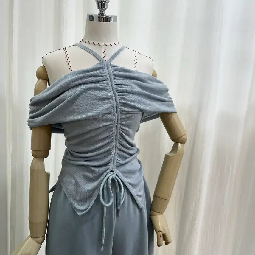 [BUNJANG] Halterneck Off-Shoulder Knit Blouse - Summer Knit / 여름니트 홀터니트 홀터넥 오프숄더 니트블라우스 반팔니트