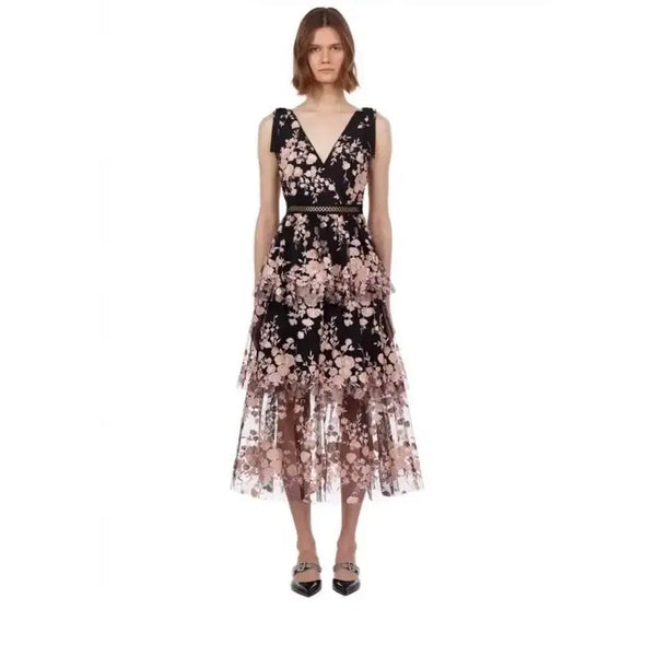 [BUNJANG] Self-Portrait Midnight Floral Sequin Tiered Tulle Midi Dress / 셀프포트레이트 미드나잇 플로럴 시퀸 티어드 튤 미디 드레스