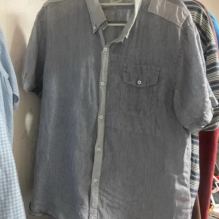 [BUNJANG] CP Company Vintage Shoulder Patch Striped Short Sleeve Shirt / cp 컴퍼니 빈티지 숄더 패치 스트라이프 반팔 셔츠