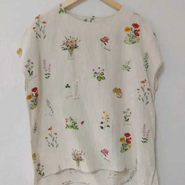 [BUNJANG] Linen Floral Embroidery Blouse (Size L) / 감성 꽃자수 린넨 블라우스 (L사이즈)