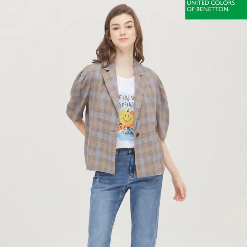 [BUNJANG] Benetton Linen Puff Sleeve Check Jacket / 베네통 퍼프소매  린넨 체크 자켓