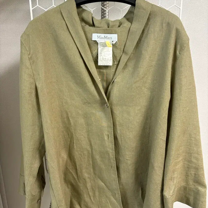 [BUNJANG] Max Mara Olive Green Linen Shirt with Ribbon Detail / 막스마라 올리브 그린 린넨 셔츠 (택포 가격)