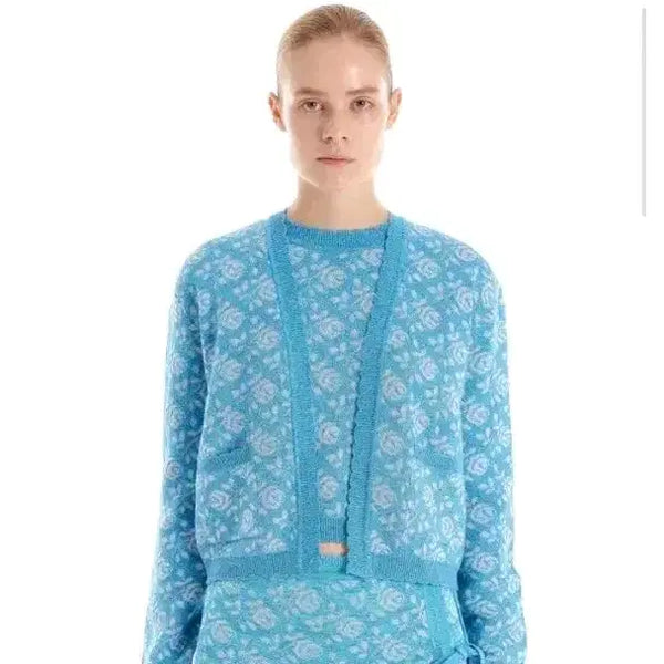 [BUNJANG] ULORAL Floral Jacquard Knit Cardigan Vest Set - Sky Blue / 잉크 니트베스트 가디건 세트 트윈니트 셋업