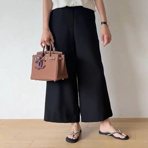 [BUNJANG] Black Back-Banded Relaxed Fit 9-Part Wide Leg Pants / 블랙 뒷밴딩 여유핏 시원한 9부 통바지