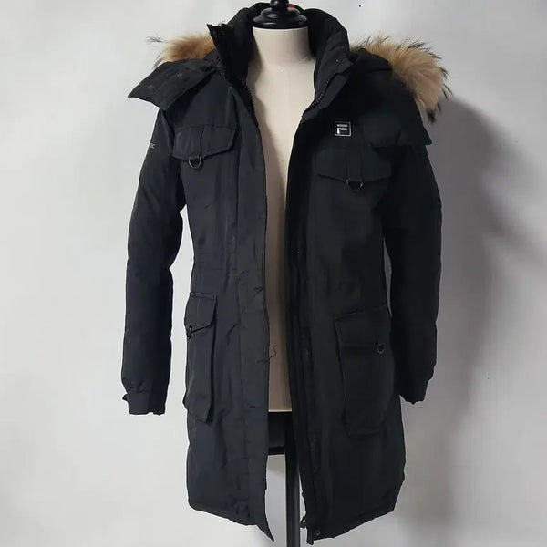 [BUNJANG] FILA Women's Hooded Fur Heavy Down Long Padding Black / FILA 정품 후드 퍼 헤비 다운 롱패딩 블랙 여성 90