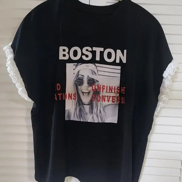 [BUNJANG] Black Boston Printing Lace Short Sleeve T-Shirt / (새상품) 블랙 보스턴 프린팅 레이스 반팔 티셔츠