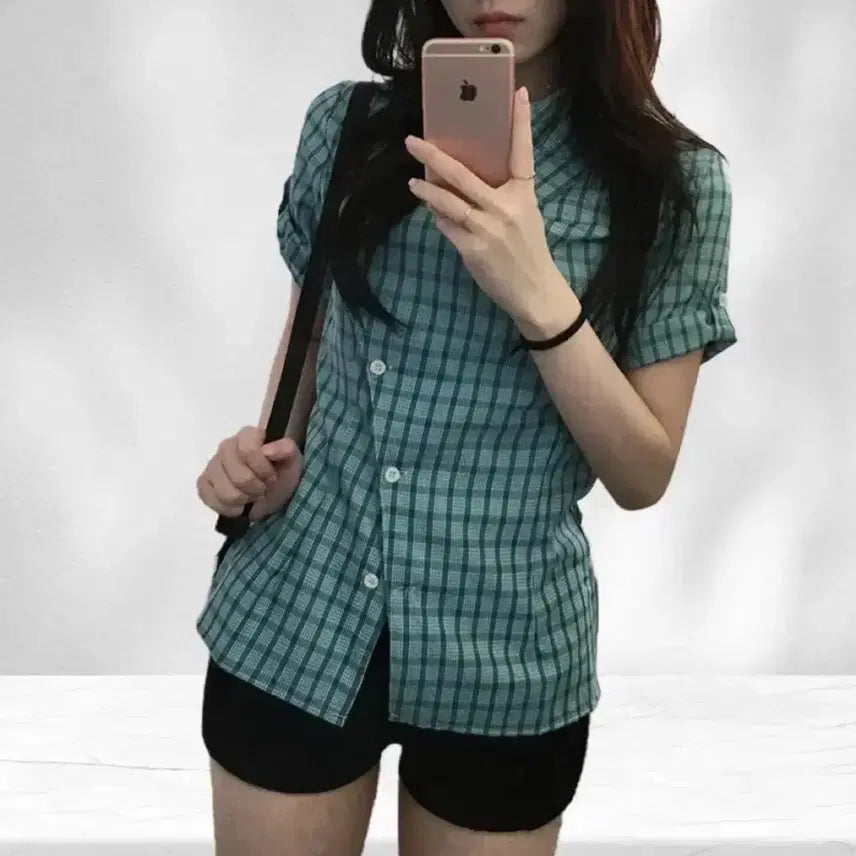 [BUNJANG] Haiteen Shirring Short Sleeve Check Shirt - Vintage Blue / 하이틴 셔링 숏 체크 반팔 셔츠 빈티지 블루 셔츠 에이블리
