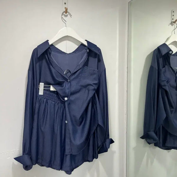 [BUNJANG] Two-Piece Denim Blouse Shirt Set / 셔츠 투피스 데님블라우스 셔츠블라우스 여름블라우스 셔츠세트  트레이닝세트