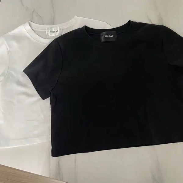 [BUNJANG] Cholit Cooling Semi Crop T-Shirt Short Sleeve Black/White / 콜릿 쿨링 세미 크롭티 반팔 블랙/화이트
