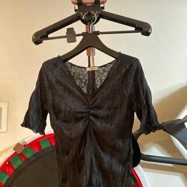 [BUNJANG] Black See-through Shirring Short-Sleeve T-shirt / 섹시 블랙 시스루 셔링 반팔 티셔츠