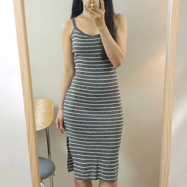 [BUNJANG] Women's Striped Sleeveless Knit Dress with Side Slits / (F)여성 나시 니트 원피스 스트라이프 옆트임 W4252