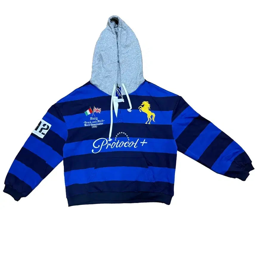 [BUNJANG] Striped Hooded Colorblock Sweatshirt / 스트라이프 후드 배색 맨투맨