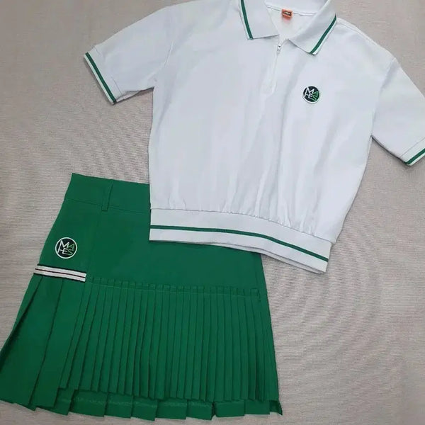 [BUNJANG] Mahes Golf Women's Golf Wear Set - White Short Sleeve Top & Green Pleated Skirt / 마헤스골프 의류 세트 치마 상의