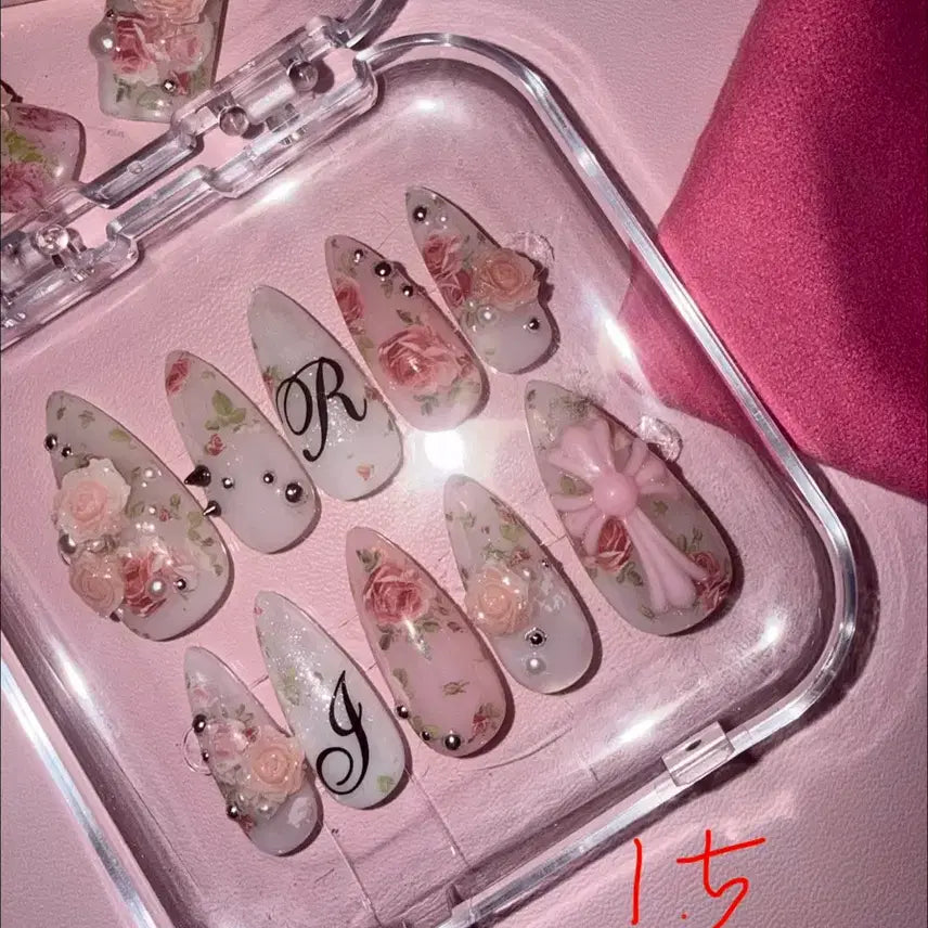 [BUNJANG] Handmade Flower Nail Tips - Pink (Custom Order) / 수제 꽃 네일팁 핑크 주문제작