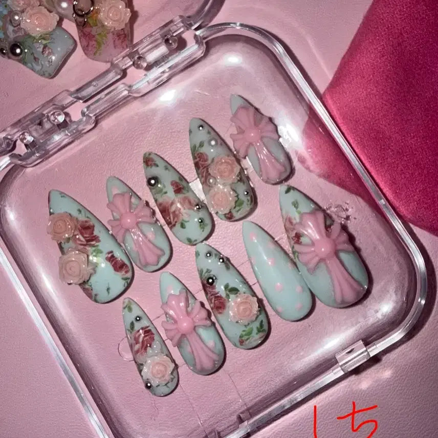 [BUNJANG] Mintcore Floral Handmade Nail Tips - Custom Order / 민트코어 꽃 수제네일팁 판매 주문제작