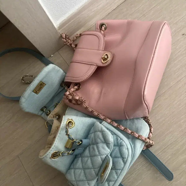 [BUNJANG] Pink Denim Chain Backpack & Light Wash Quilted Backpack Set / 핑크/연청 데님 체인 백팩 두개가격