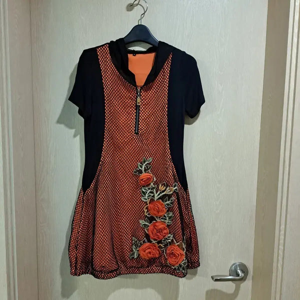 [BUNJANG] Flower Embroidered Hooded Dress / 후드 원피스 오렌지 블랙 플라워 자수