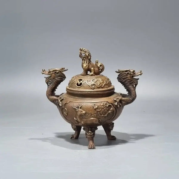 [BUNJANG] Ming Dynasty Xuande Mark Bronze Tripod Censer with Double Dragon Handles / 대명선덕년제 용문 쌍이룡 삼족 향로