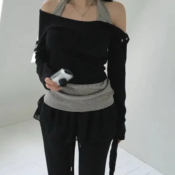 [BUNJANG] Bundle Set Off-Shoulder Long Sleeve Top + Layered Chiffon Frill Skirt / 일괄) 에이블리 옷 오프숄더 긴팔티 + 레이어드 쉬폰 프릴