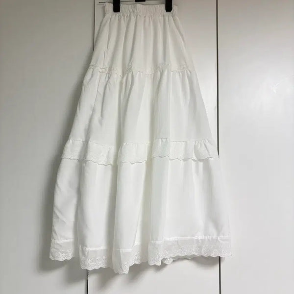 [BUNJANG] White Eyelet Lace A-Line Maxi Skirt / 레이스 아일렛 롱스커트 프리사이즈 밴딩 화이트 a라인 캉캉스커트 새상품