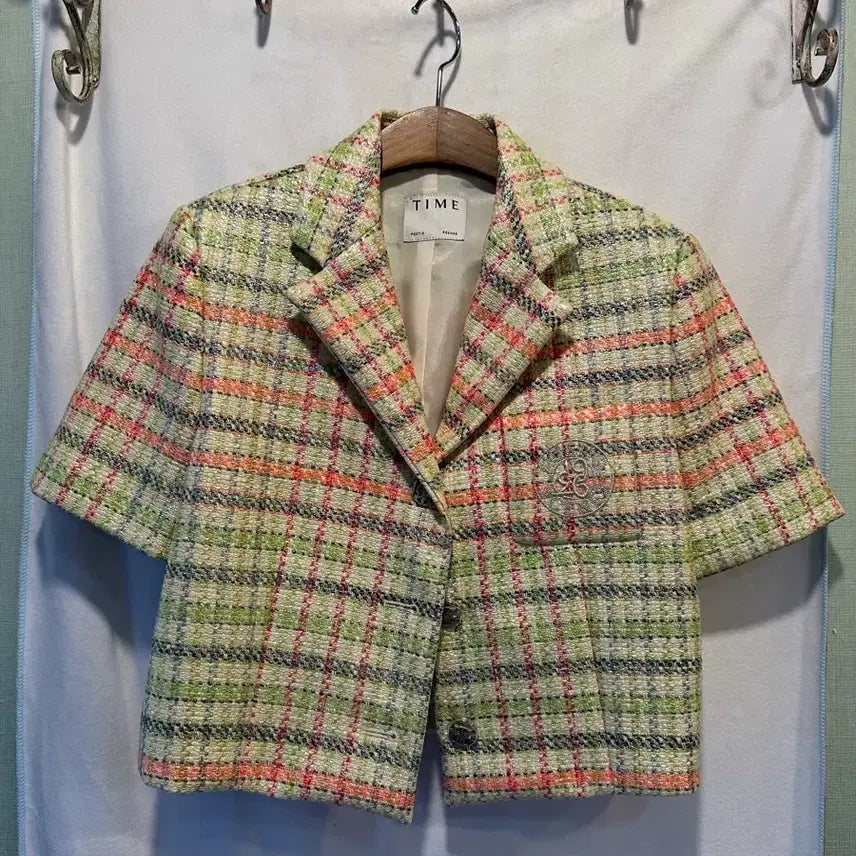 [BUNJANG] TIME Multi-Color Check Tweed Short Sleeve Jacket / 55-77)TIME 타임 멀티컬러 체크 트위드 반팔 자켓