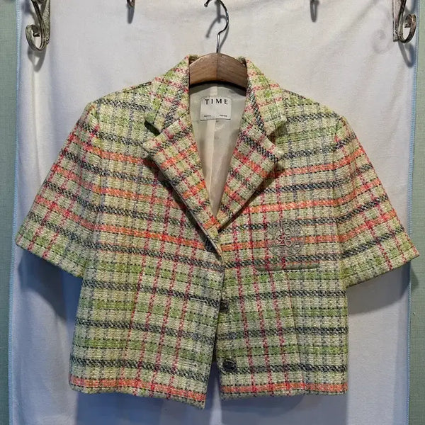 [BUNJANG] TIME Multi-Color Check Tweed Short Sleeve Jacket / 55-77)TIME 타임 멀티컬러 체크 트위드 반팔 자켓