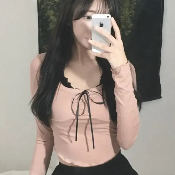 [BUNJANG] Women's Long Sleeve Ribbon Crop Top - Light Brown / 여성 긴팔 리본 크롭티