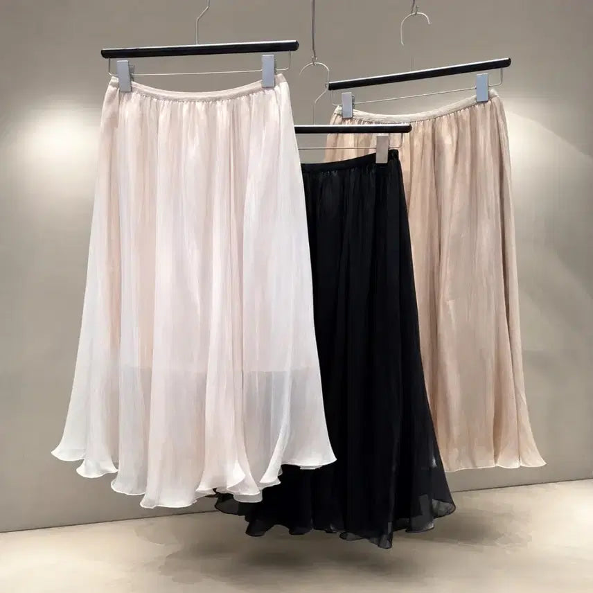 [BUNJANG] Women's Chiffon A-Line Maxi Skirt / 새상품 여성 쉬폰 롱스커트 밴딩 A라인 맥시 연핑크/연베이지/블랙