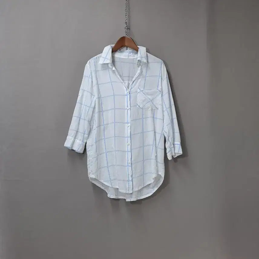 [BUNJANG] White 7-Sleeve Asymmetrical Check Shirt / 화이트 7부 소매 언발 체크 셔츠