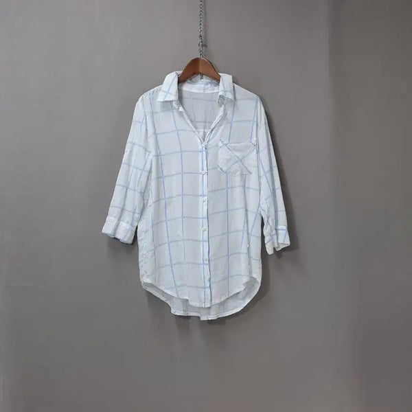 [BUNJANG] White 7-Sleeve Asymmetrical Check Shirt / 화이트 7부 소매 언발 체크 셔츠