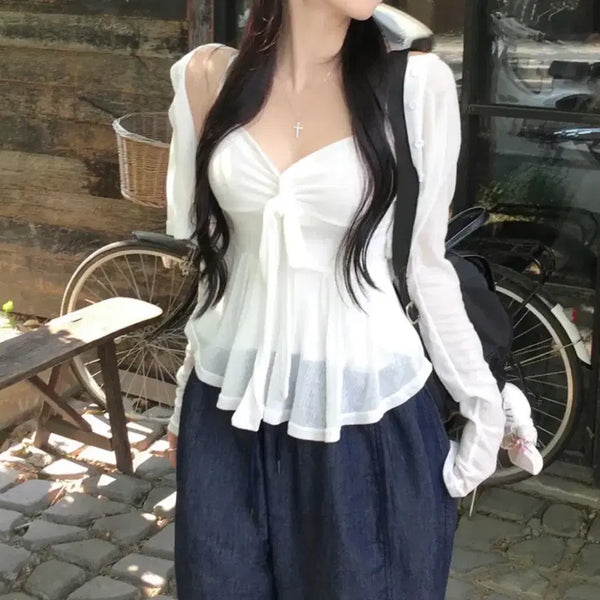 [BUNJANG] A-bly Ribbon Frill Shirring See-through Crop Cardigan Set / 에이블리 리본 프릴 셔링 나시 시스루 크롭 가디건 세트 데이트룩