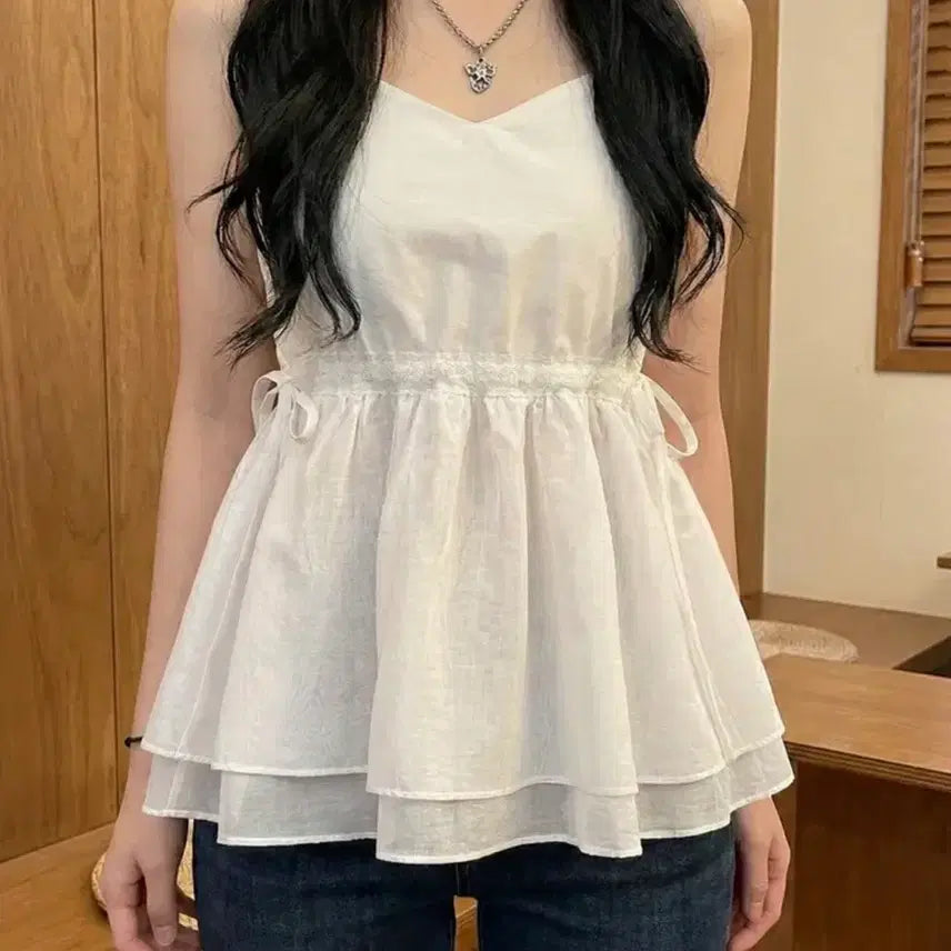 [BUNJANG] Ablie Cami Frill Bustier Top Sleeveless Blouse / 에이블리 끈 캉캉 프릴 뷔스티에 탑 슬리브리스 블라우스  나시
