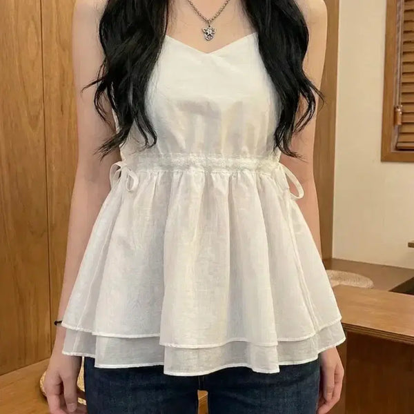 [BUNJANG] Ablie Cami Frill Bustier Top Sleeveless Blouse / 에이블리 끈 캉캉 프릴 뷔스티에 탑 슬리브리스 블라우스  나시