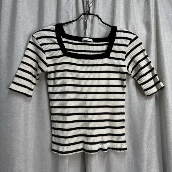 [BUNJANG] PLOT Women's Striped Square Neck Cropped Knit Top / PLOT 여성 크롭 단가라 스퀘어넥 반팔 니트 S