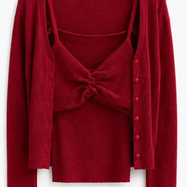 [BUNJANG] Twee Red Cardigan and Camisole Top Set / 트위 Twee 레드 가디건 +나시 탑 세트